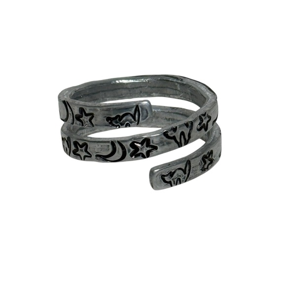 Handmade Jewelry - Handmade stamped witch core celestial black cat silver adjustable wrap ring
